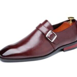 Santimon Mens US 10, 11 Burgundy PU Leather Monk Strap Buckle Loafer Dress Shoes